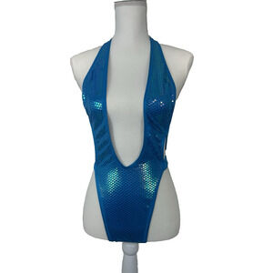 Vtg 90s Ritchie Swimsuit 1 Piece Shimmery Sequin Blue High Leg Cut Thong Sz 7/8